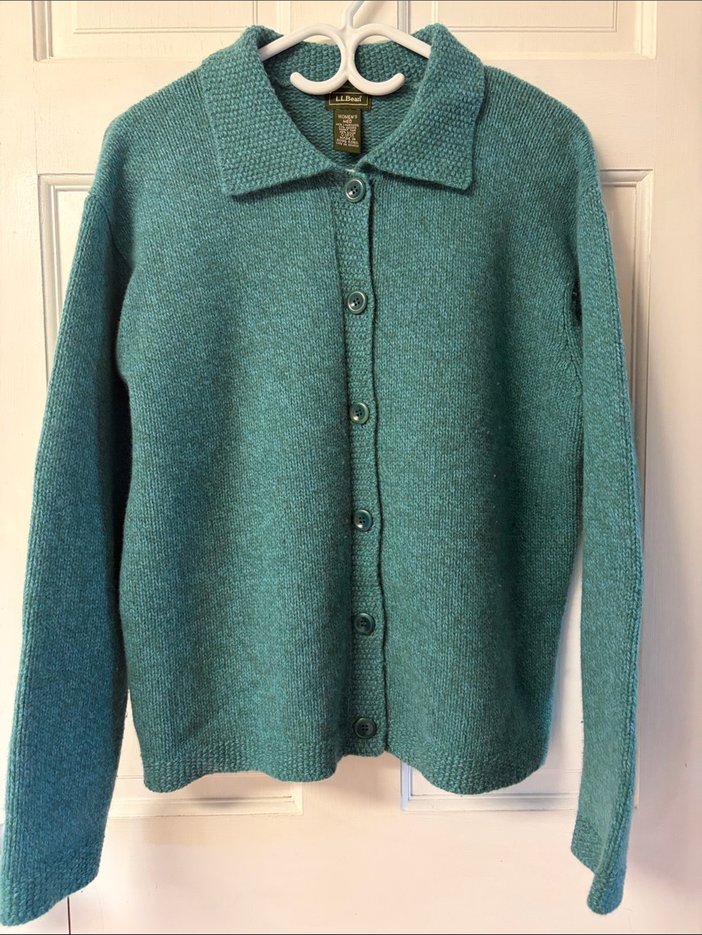 L. L. Bean wool angora blend teal button up cardigan with collar women’s size M